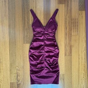Xscape Burgundy Ruched Bodycon Midi Dress